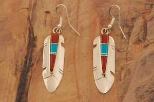 Genuine Apple Coral Sterling Silver Feather Earrings